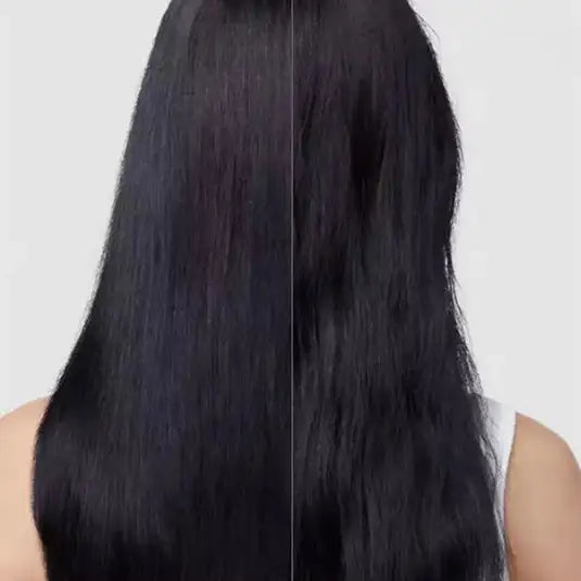 Avant-après traitement capillaire C-Lab Dermatology – cheveux lisses et réparés à gauche, cheveux abîmés et secs à droite, vue de dos.